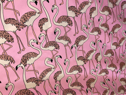 New pink flamingos design print on best quality of nylon spandex 4-way stretch 58/60” Sold by the YD. Ships Worldwide from Los Angeles Cali
