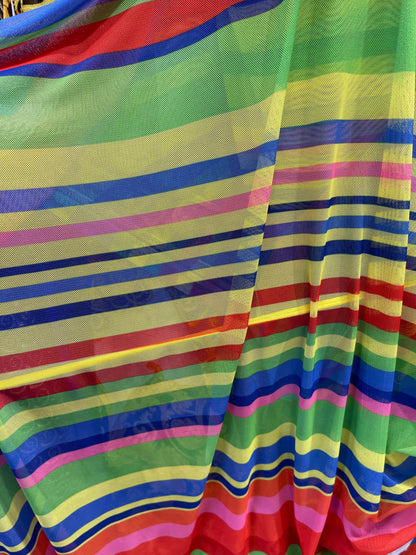 New stripe design rainbow print on power mesh 4-way stretch 58/60” Sold by the YD. Ships Worldwide from Los Angeles California USA.