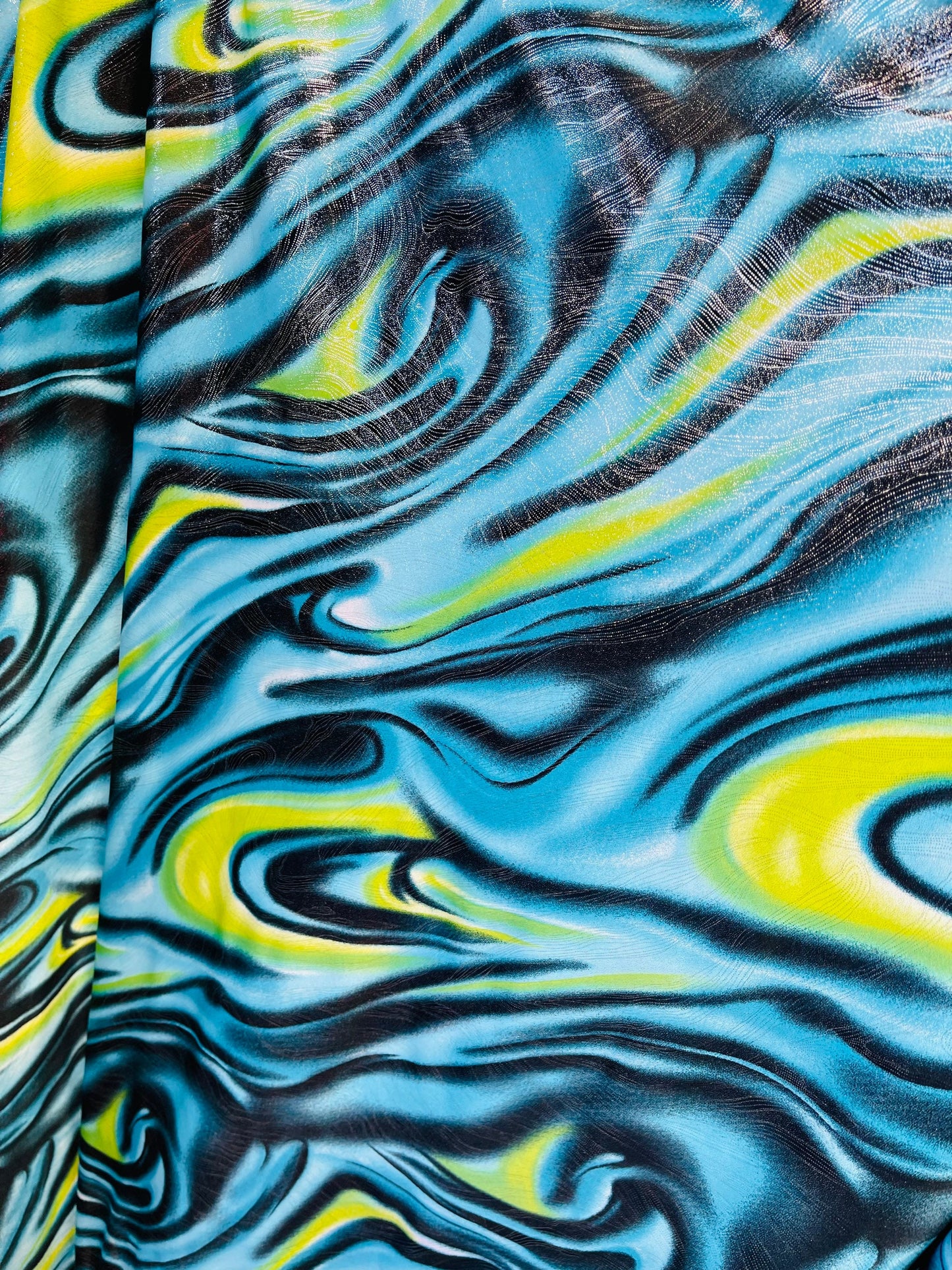 New modern abstract design with foil print on poly spandex 4-way stretch medium weight 58/60” Sold by the YD. Ships Worldwide from L.A CA