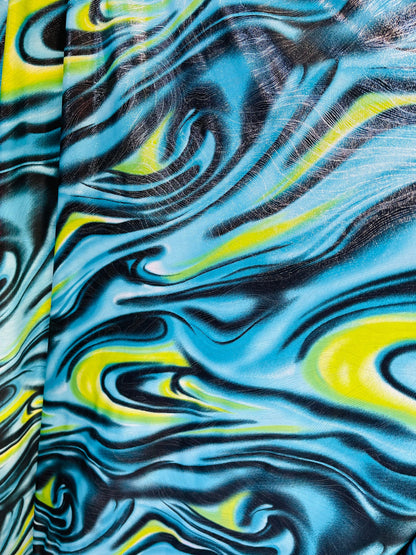New modern abstract design with foil print on poly spandex 4-way stretch medium weight 58/60” Sold by the YD. Ships Worldwide from L.A CA