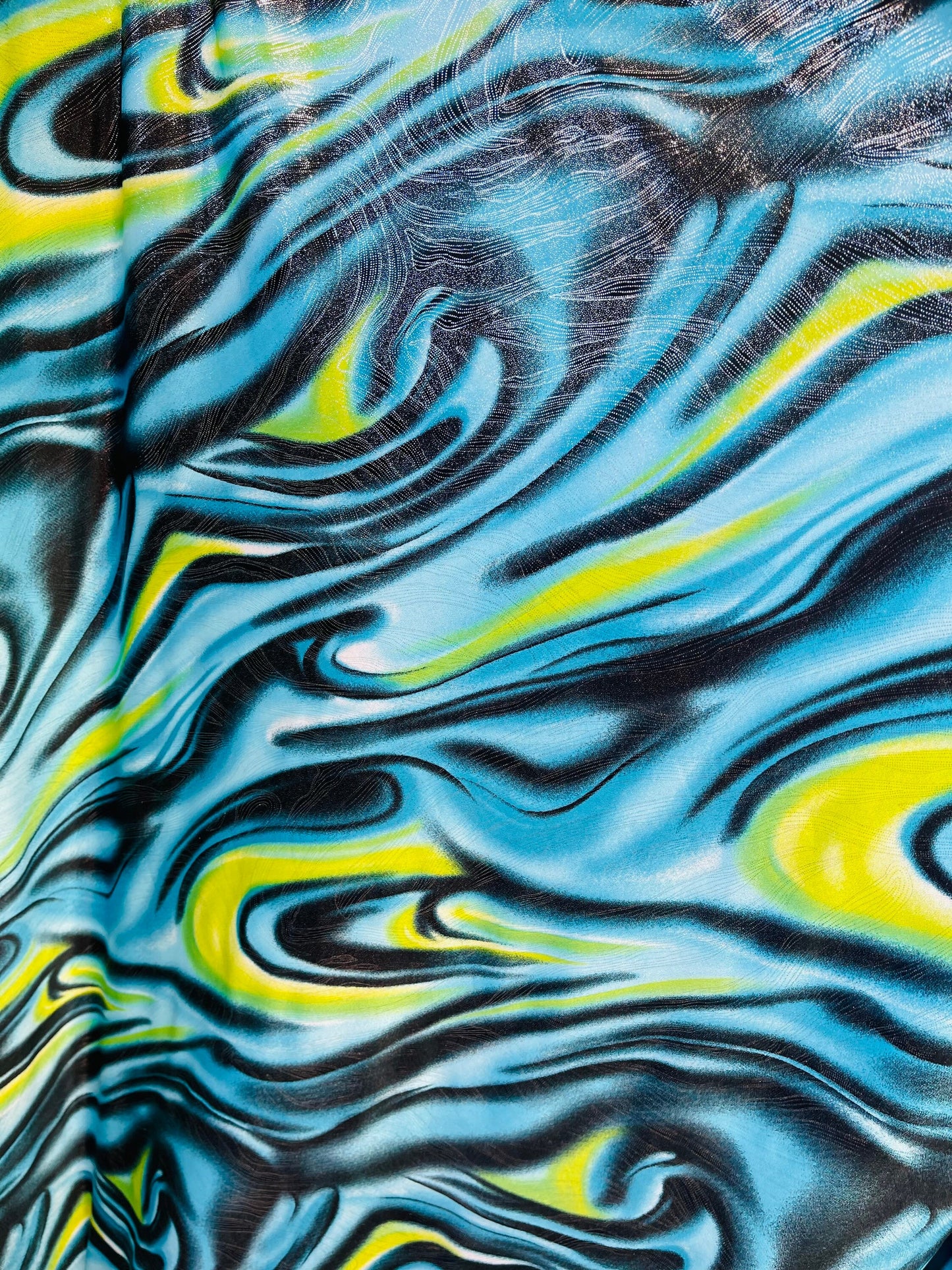 New modern abstract design with foil print on poly spandex 4-way stretch medium weight 58/60” Sold by the YD. Ships Worldwide from L.A CA