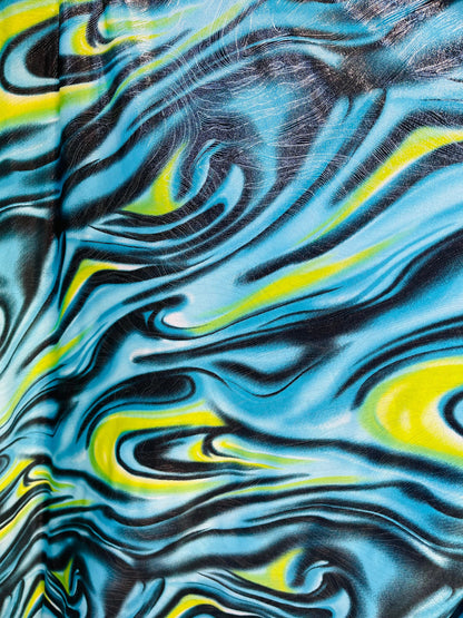 New modern abstract design with foil print on poly spandex 4-way stretch medium weight 58/60” Sold by the YD. Ships Worldwide from L.A CA