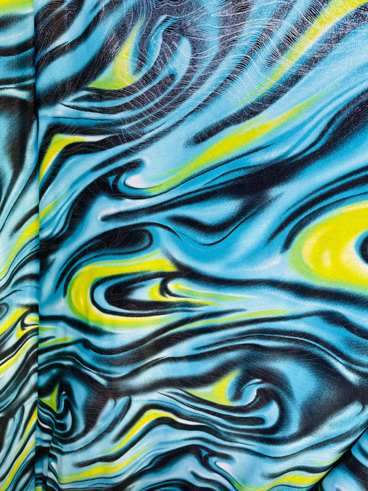 New modern abstract design with foil print on poly spandex 4-way stretch medium weight 58/60” Sold by the YD. Ships Worldwide from L.A CA