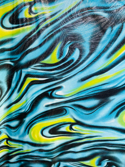 New modern abstract design with foil print on poly spandex 4-way stretch medium weight 58/60” Sold by the YD. Ships Worldwide from L.A CA