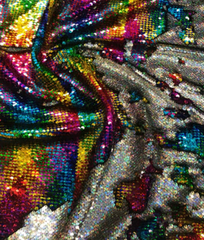 New hologram rainbow/silver mermaid sequins 2tone on spandex base 58/60" Sold by the YD. Ships worldwide from Los Angeles CA USA.