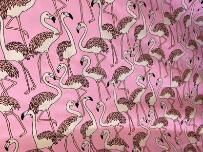 New pink flamingos design print on best quality of nylon spandex 4-way stretch 58/60” Sold by the YD. Ships Worldwide from Los Angeles Cali