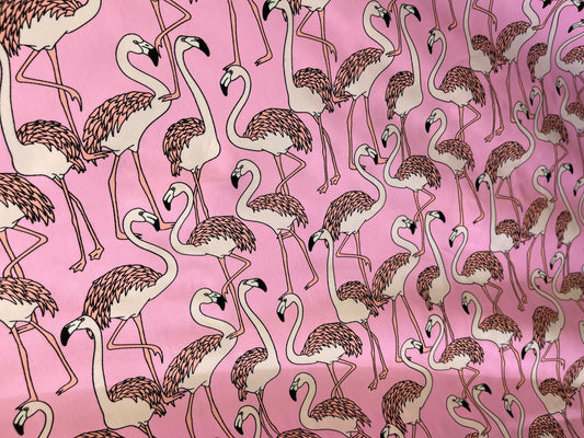 New pink flamingos design print on best quality of nylon spandex 4-way stretch 58/60” Sold by the YD. Ships Worldwide from Los Angeles Cali