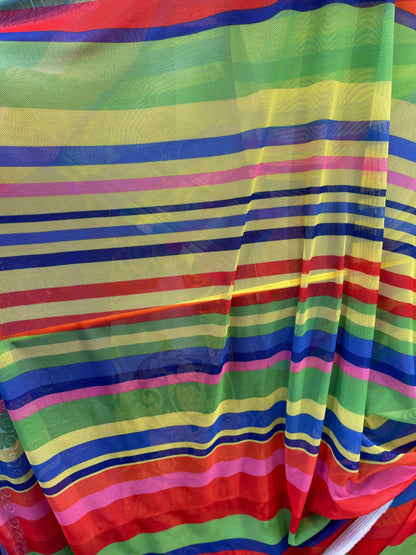 New stripe design rainbow print on power mesh 4-way stretch 58/60” Sold by the YD. Ships Worldwide from Los Angeles California USA.