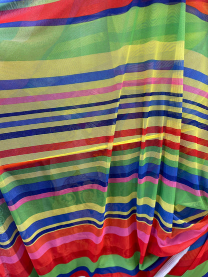 New stripe design rainbow print on power mesh 4-way stretch 58/60” Sold by the YD. Ships Worldwide from Los Angeles California USA.