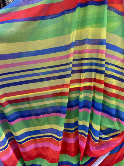 New stripe design rainbow print on power mesh 4-way stretch 58/60” Sold by the YD. Ships Worldwide from Los Angeles California USA.