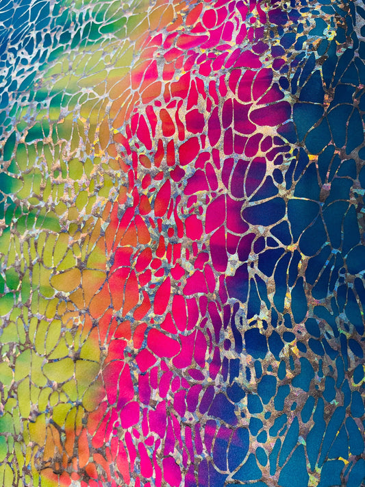 New abstract spider design rainbow hologram metallic nylon spandex 4-way stretch 58/60” Sold by the YD. Ships Worldwide from Los Angeles CA