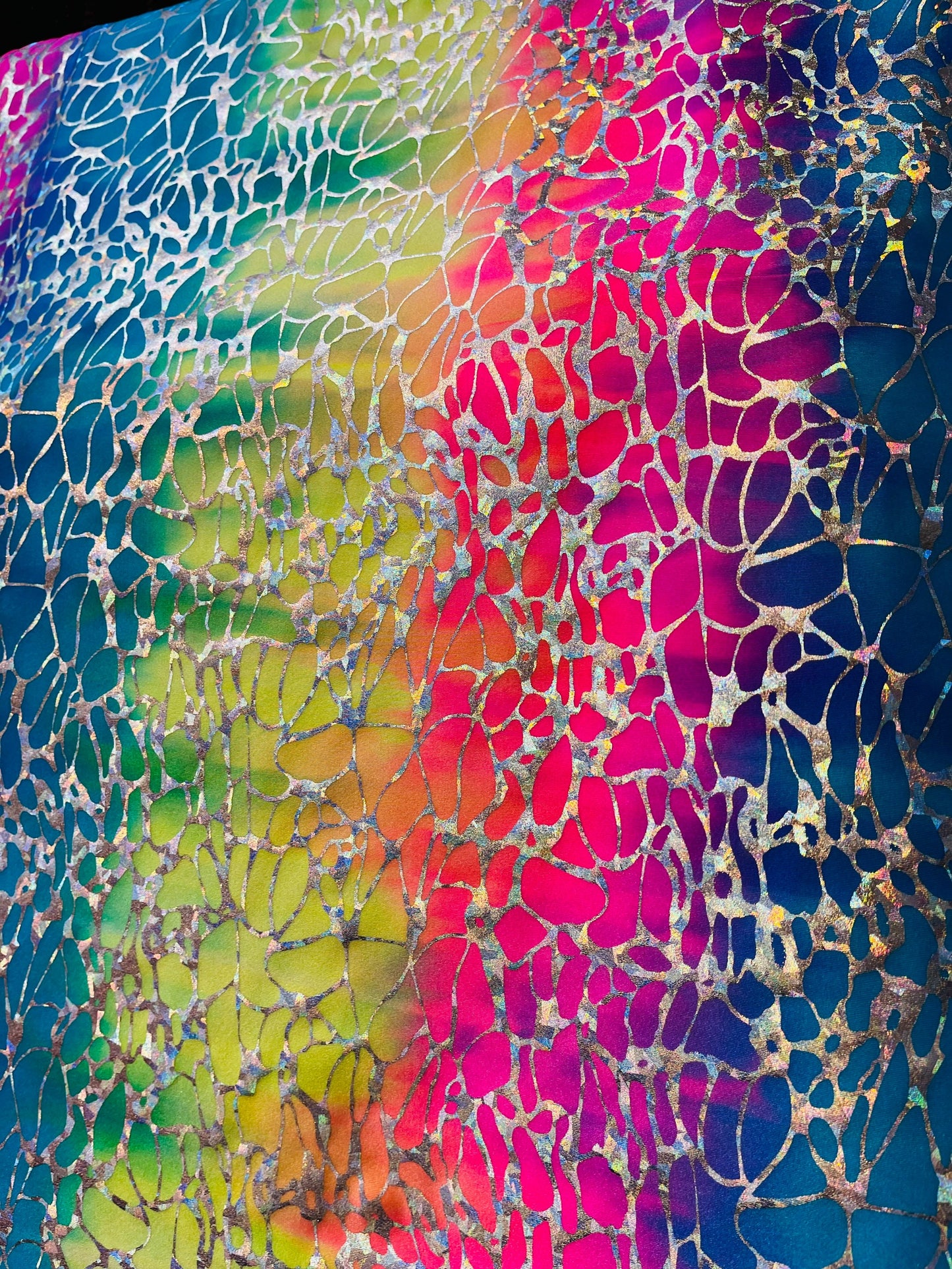 New abstract spider design rainbow hologram metallic nylon spandex 4-way stretch 58/60” Sold by the YD. Ships Worldwide from Los Angeles CA
