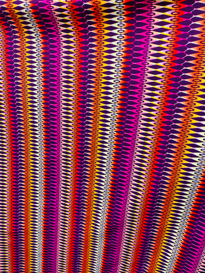 Geometric design Magenta/Multicolor print on best quality of nylon spandex 4-way stretch 58/60” Sold by the YD. Ships Worldwide