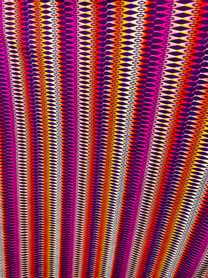 Geometric design Magenta/Multicolor print on best quality of nylon spandex 4-way stretch 58/60” Sold by the YD. Ships Worldwide