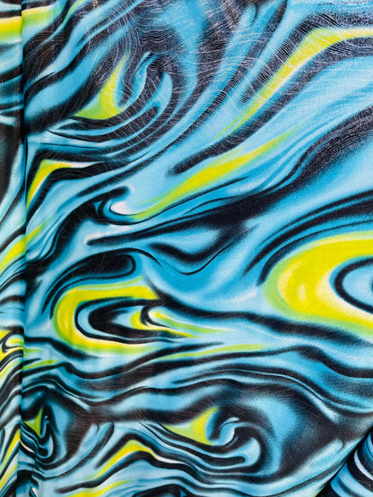 New modern abstract design with foil print on poly spandex 4-way stretch medium weight 58/60” Sold by the YD. Ships Worldwide from L.A CA