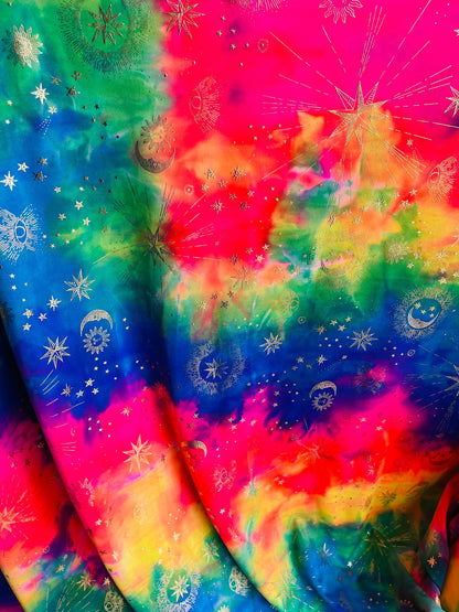 New celestial multi stars design metallic nylon spandex 4-way stretch medium weight 58/60” Sold by the YD. Ships Worldwide from Los Angeles