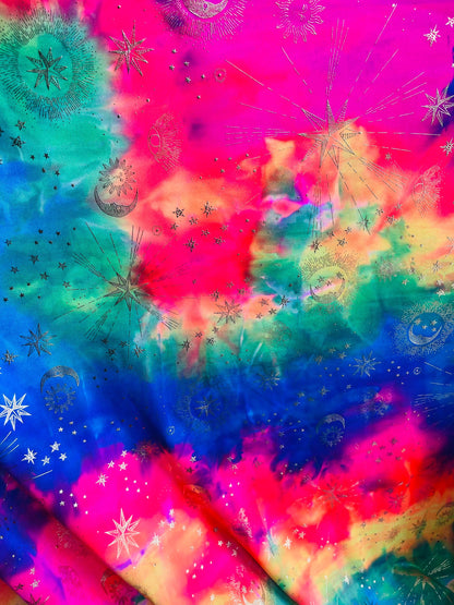 New celestial multi stars design metallic nylon spandex 4-way stretch medium weight 58/60” Sold by the YD. Ships Worldwide from Los Angeles