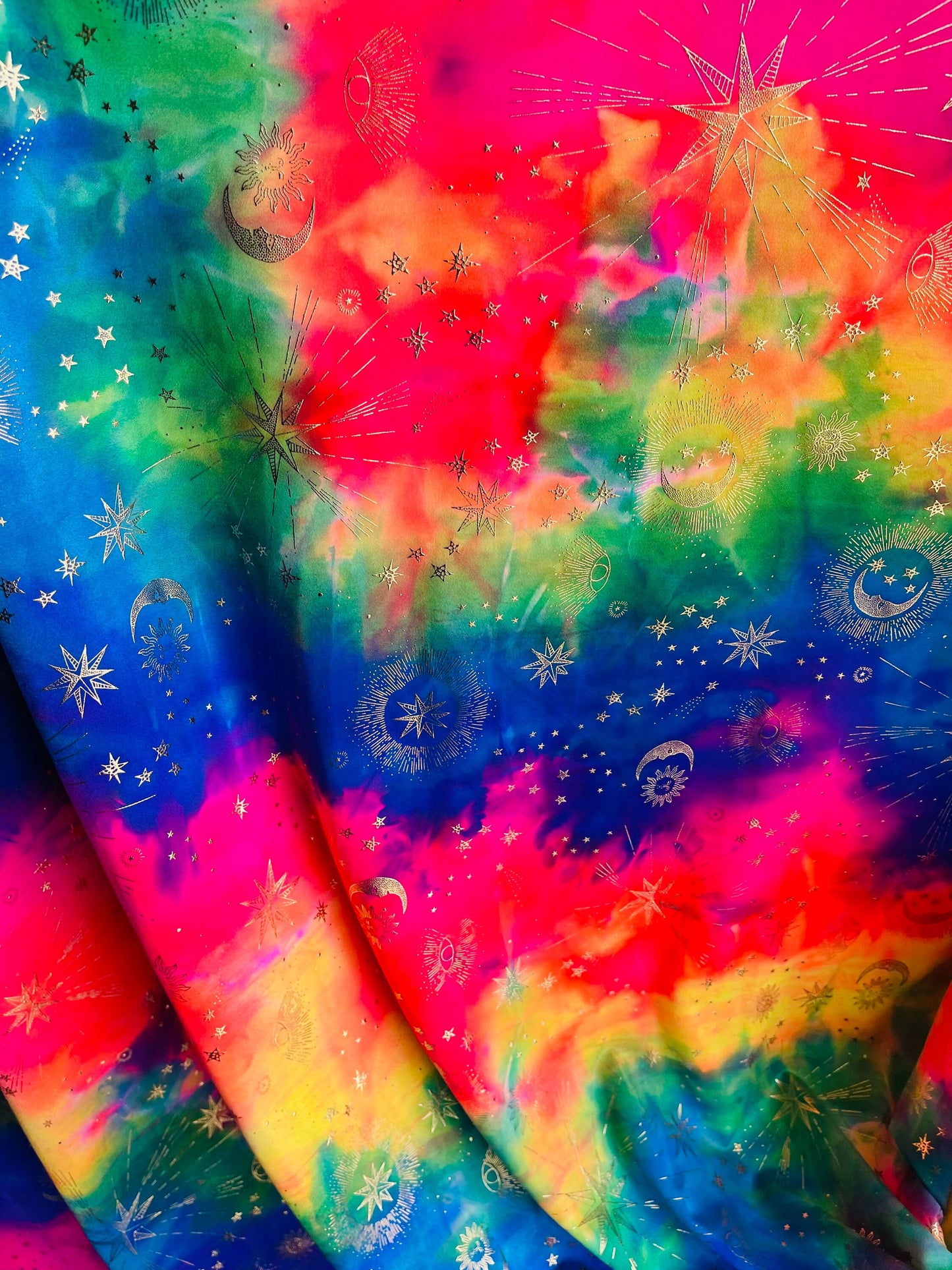 New celestial multi stars design metallic nylon spandex 4-way stretch medium weight 58/60” Sold by the YD. Ships Worldwide from Los Angeles