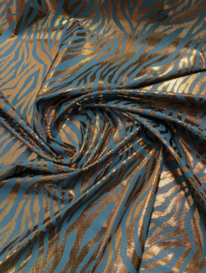 New Exotic zebra design metallic nylon spandex charcoal/copper hologram 4-way stretch 58/60” Sold by the YD. Ships Worldwide from L.A