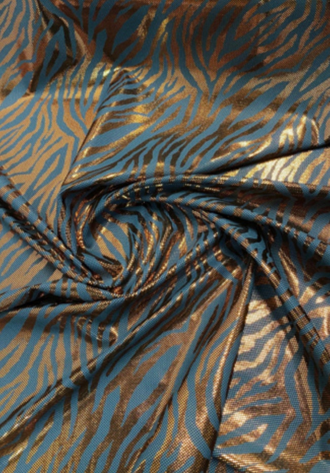 New Exotic zebra design metallic nylon spandex charcoal/copper hologram 4-way stretch 58/60” Sold by the YD. Ships Worldwide from L.A