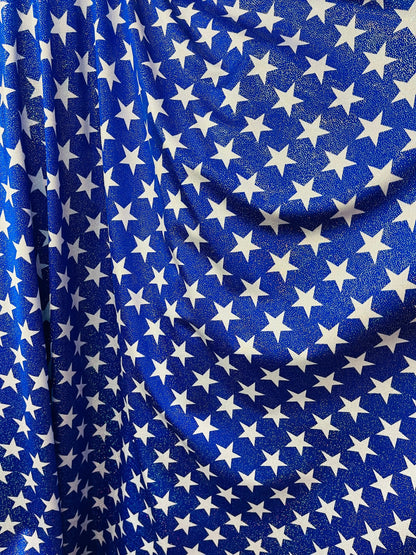 Stars design with foggy foil all over best quality of nylon spandex 4-way stretch 58/60” Sold by the YD. Ships Worldwide from Los Ángeles CA