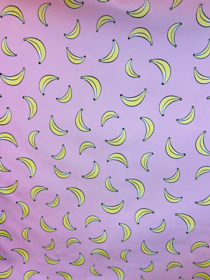New Banana design blush/yellow print on great quality of Nylon Spandex 4-way stretch 58/60” Sold by the YD. Ships Worldwide from Los Angeles