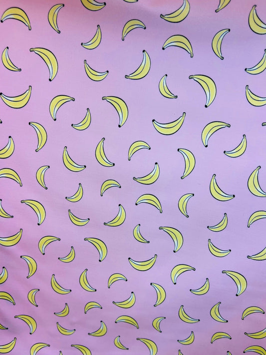 New Banana design blush/yellow print on great quality of Nylon Spandex 4-way stretch 58/60” Sold by the YD. Ships Worldwide from Los Angeles