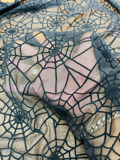 Spiderweb design best quality of stretch power mesh with black flocking 4-way stretch 58/60” Sold by the YD. Ships Worldwide from L.A CA