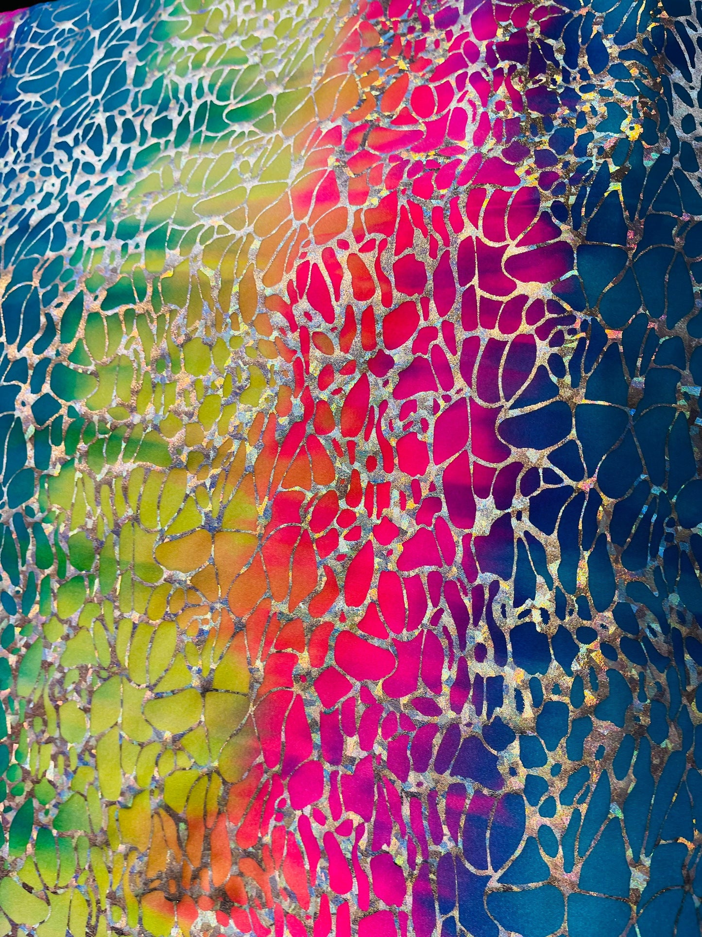 New abstract spider design rainbow hologram metallic nylon spandex 4-way stretch 58/60” Sold by the YD. Ships Worldwide from Los Angeles CA