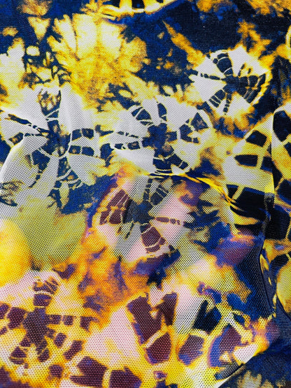 New Abstract design Sapphire/yellow print on power mesh 4-way stretch 58/60” Sold by the YD. Ships Worldwide from Los Angeles California USA