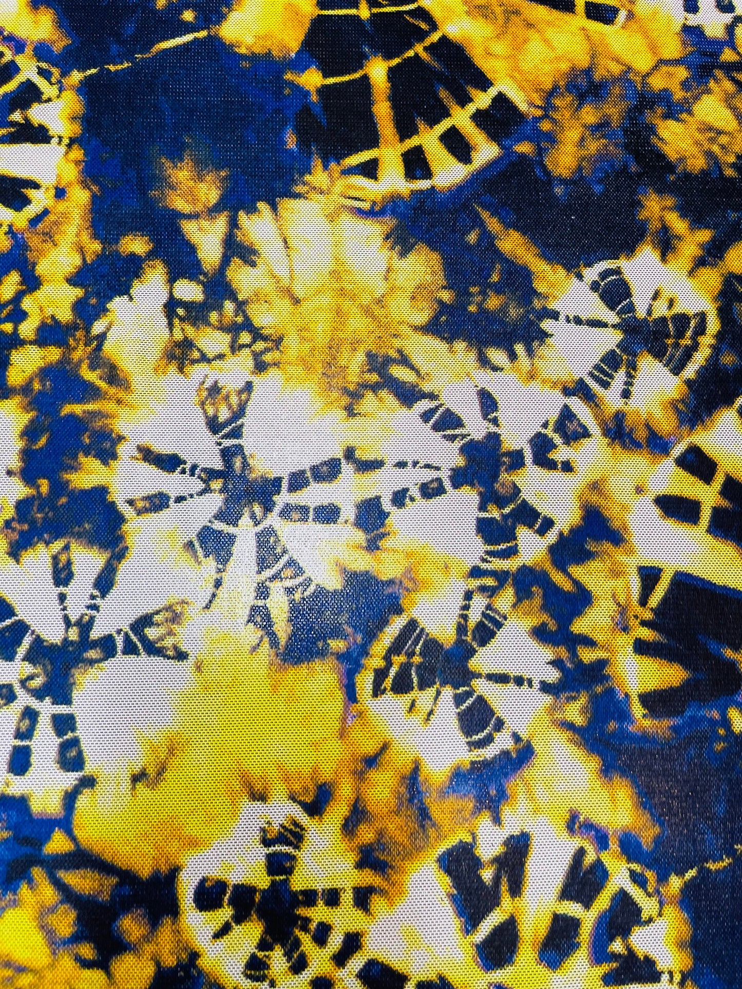 New Abstract design Sapphire/yellow print on power mesh 4-way stretch 58/60” Sold by the YD. Ships Worldwide from Los Angeles California USA