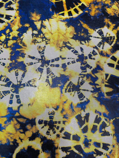 New Abstract design Sapphire/yellow print on power mesh 4-way stretch 58/60” Sold by the YD. Ships Worldwide from Los Angeles California USA