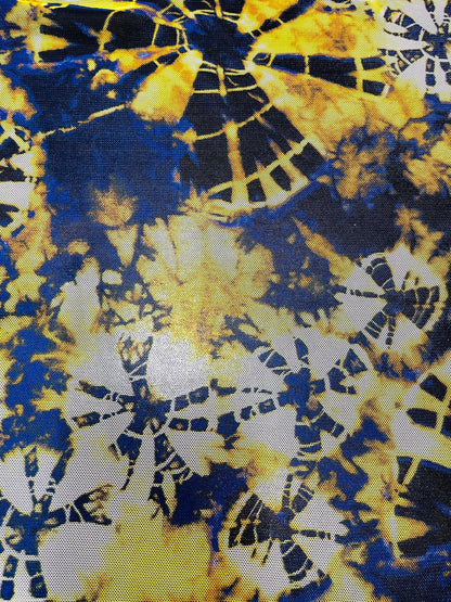 New Abstract design Sapphire/yellow print on power mesh 4-way stretch 58/60” Sold by the YD. Ships Worldwide from Los Angeles California USA