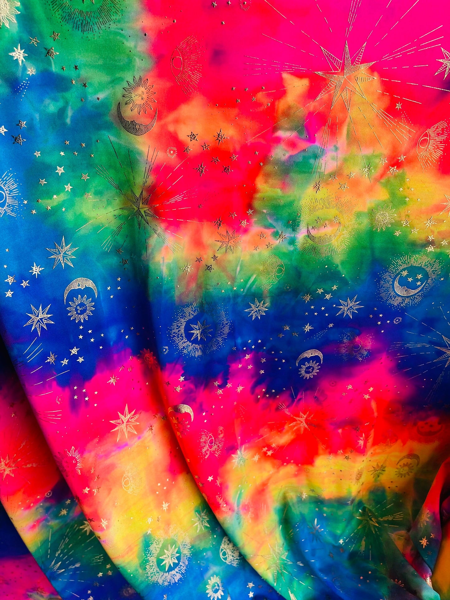 New celestial multi stars design metallic nylon spandex 4-way stretch medium weight 58/60” Sold by the YD. Ships Worldwide from Los Angeles