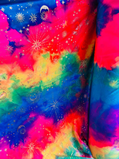 New celestial multi stars design metallic nylon spandex 4-way stretch medium weight 58/60” Sold by the YD. Ships Worldwide from Los Angeles