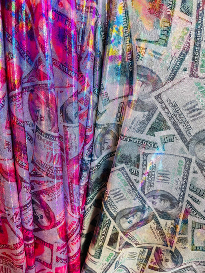 Luxury Money design Iridescent hologram nylon spandex 4-way stretch 58/60” Sold by the YD. Ships Worldwide from Los Angeles California USA.