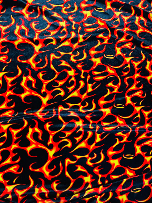 NEW Fire design Black/Red/Orange print on great quality of stretch velvet 4-way stretch 58/60” Sold by the YD. Ships Worldwide from L.A CA