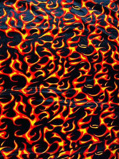 NEW Fire design Black/Red/Orange print on great quality of stretch velvet 4-way stretch 58/60” Sold by the YD. Ships Worldwide from L.A CA