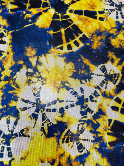 New Abstract design Sapphire/yellow print on power mesh 4-way stretch 58/60” Sold by the YD. Ships Worldwide from Los Angeles California USA