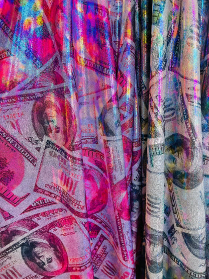 Luxury Money design Iridescent hologram nylon spandex 4-way stretch 58/60” Sold by the YD. Ships Worldwide from Los Angeles California USA.