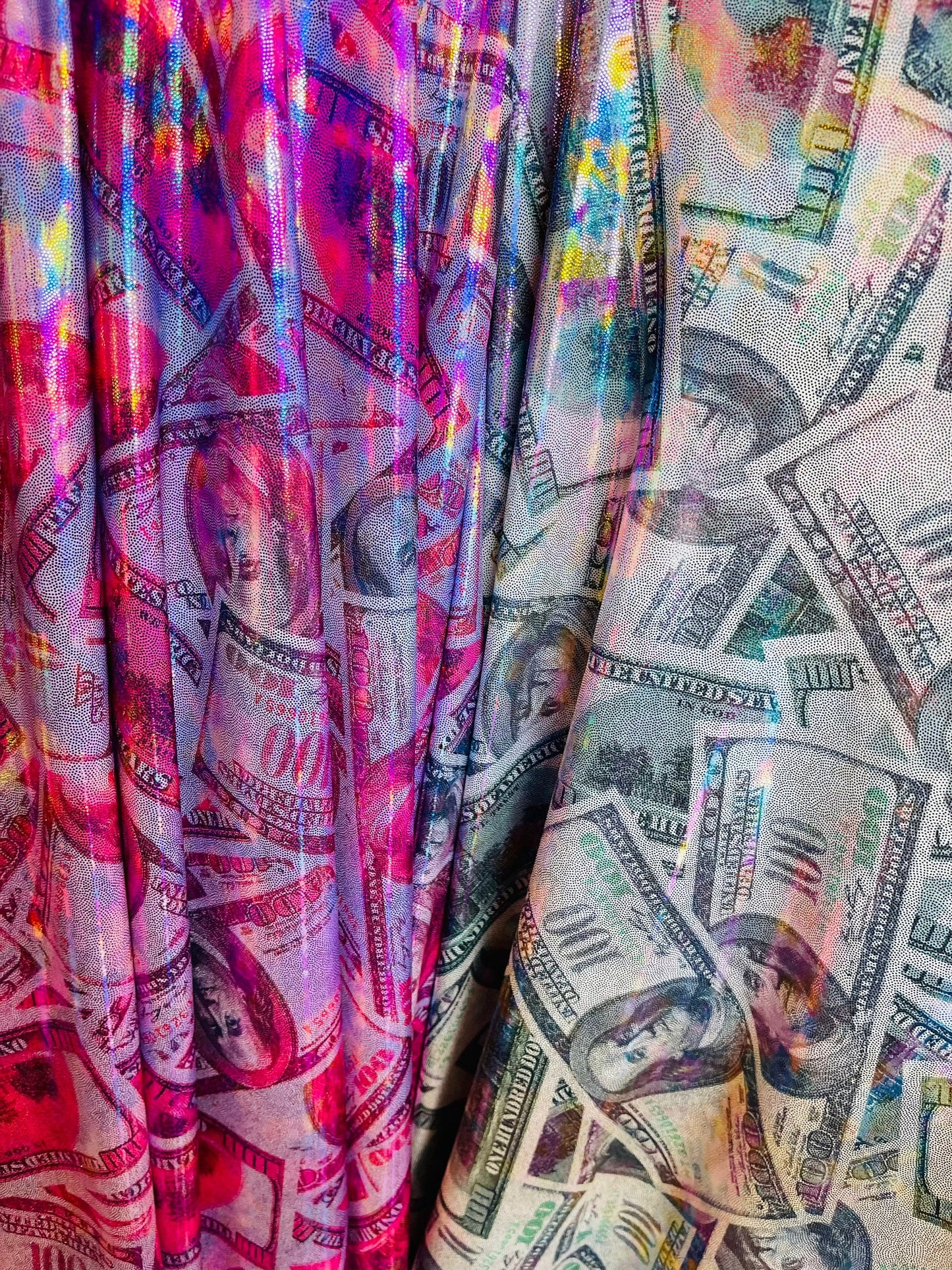 Luxury Money design Iridescent hologram nylon spandex 4-way stretch 58/60” Sold by the YD. Ships Worldwide from Los Angeles California USA.