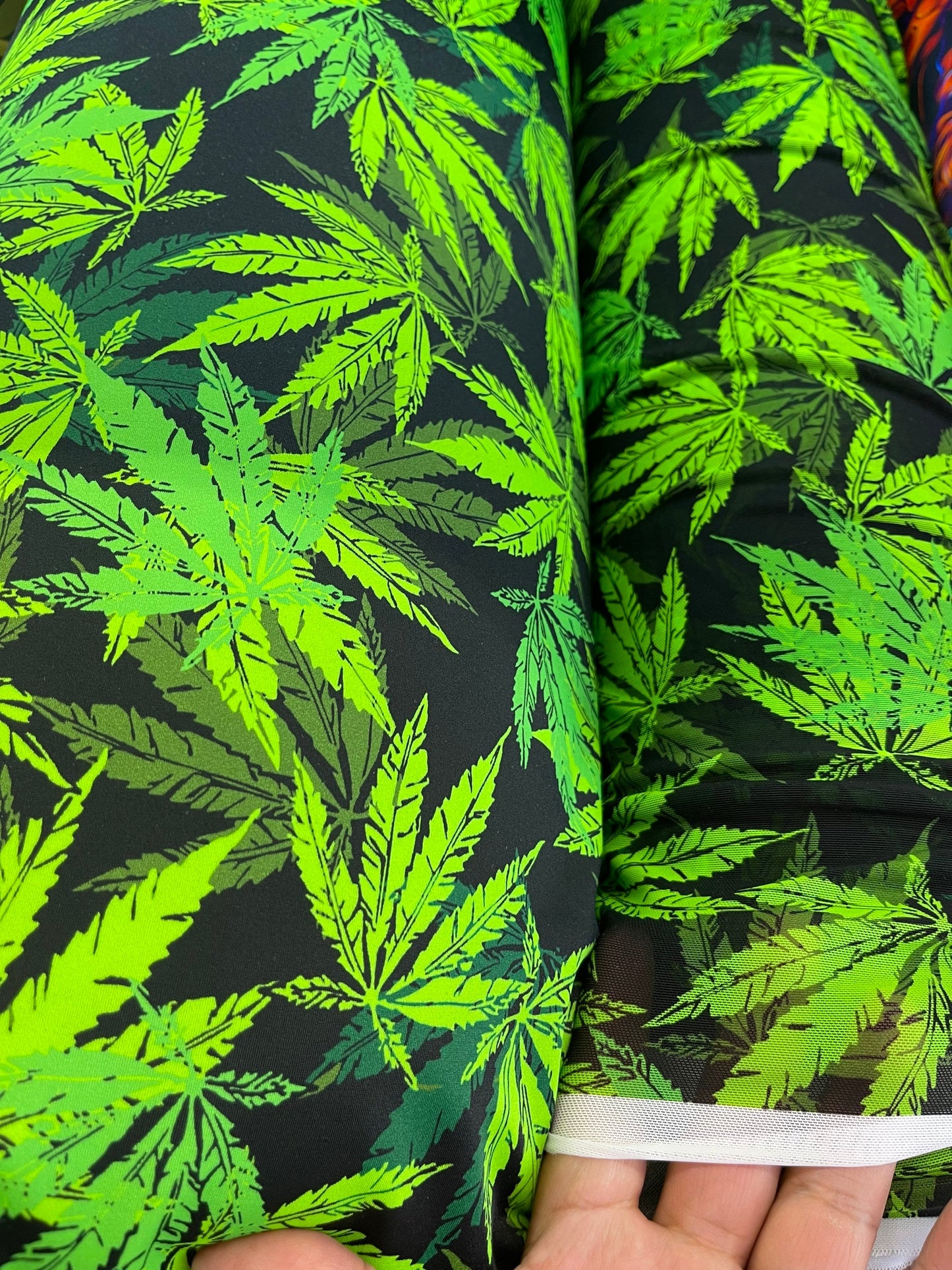 New Marihuana leaf design print on best quality of nylon Spandex and power mesh 4-way stretch 58/60” Sold by the YD. Ships   Worldwide.