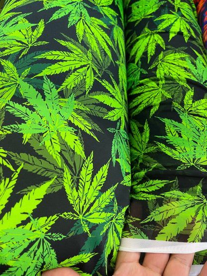 New Marihuana leaf design print on best quality of nylon Spandex and power mesh 4-way stretch 58/60” Sold by the YD. Ships   Worldwide.