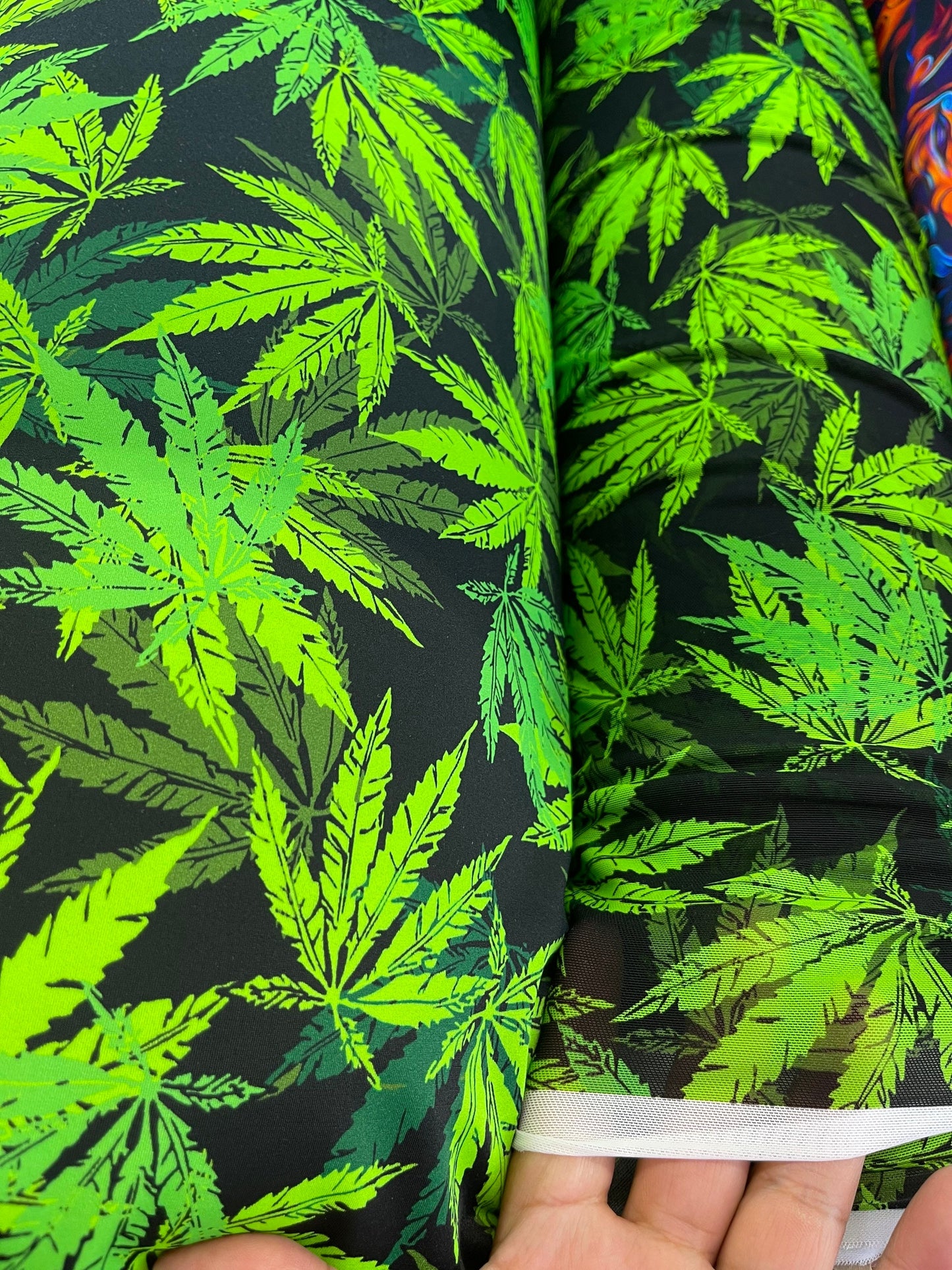 New Marihuana leaf design print on best quality of nylon Spandex and power mesh 4-way stretch 58/60” Sold by the YD. Ships   Worldwide.