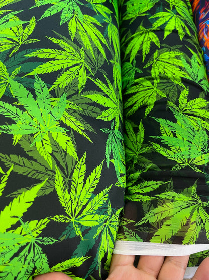 New Marihuana leaf design print on best quality of nylon Spandex and power mesh 4-way stretch 58/60” Sold by the YD. Ships   Worldwide.