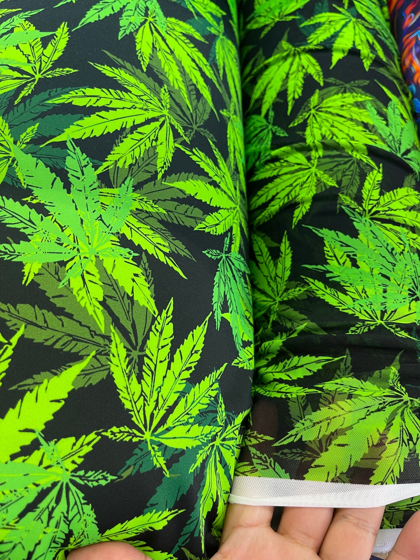 New Marihuana leaf design print on best quality of nylon Spandex and power mesh 4-way stretch 58/60” Sold by the YD. Ships   Worldwide.