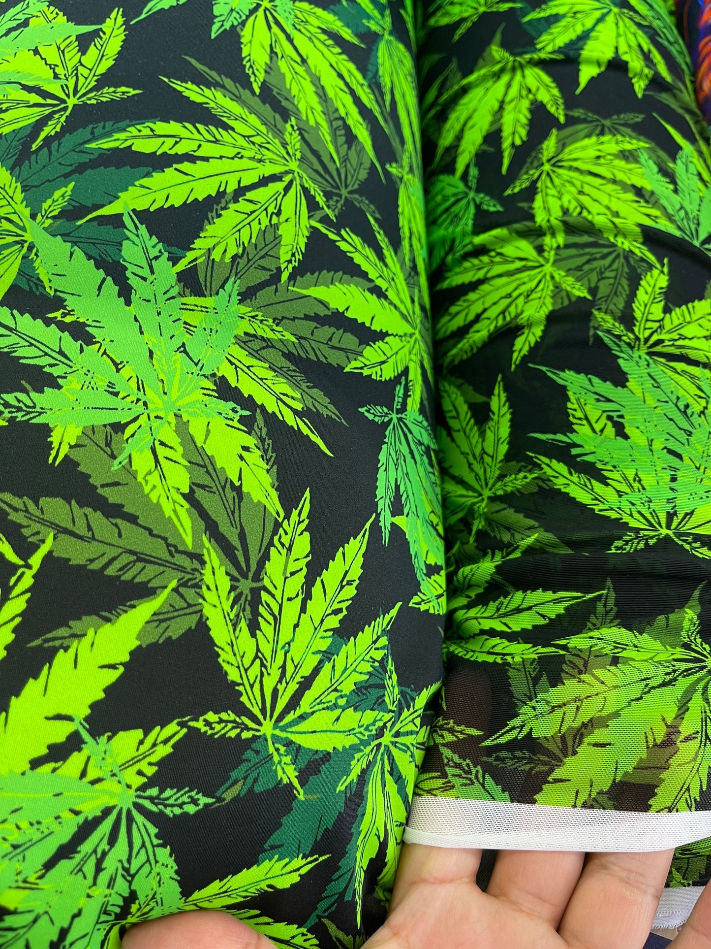 New Marihuana leaf design print on best quality of nylon Spandex and power mesh 4-way stretch 58/60” Sold by the YD. Ships   Worldwide.