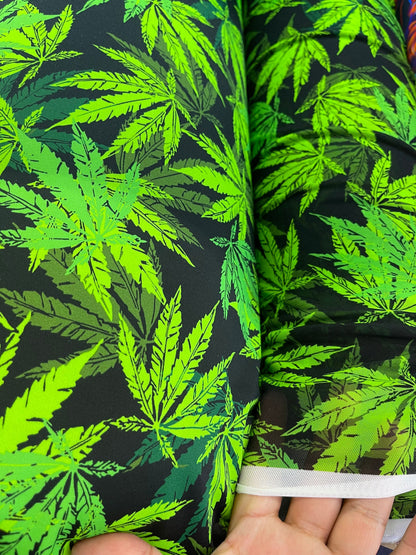 New Marihuana leaf design print on best quality of nylon Spandex and power mesh 4-way stretch 58/60” Sold by the YD. Ships   Worldwide.