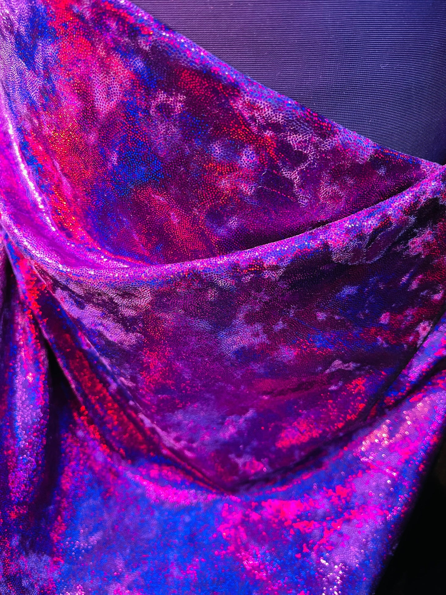 New Iridescence foggy foil on stretch velvet 4-way stretch 58/60” Sold by the YD. Ships Worldwide from Los Angeles California USA.