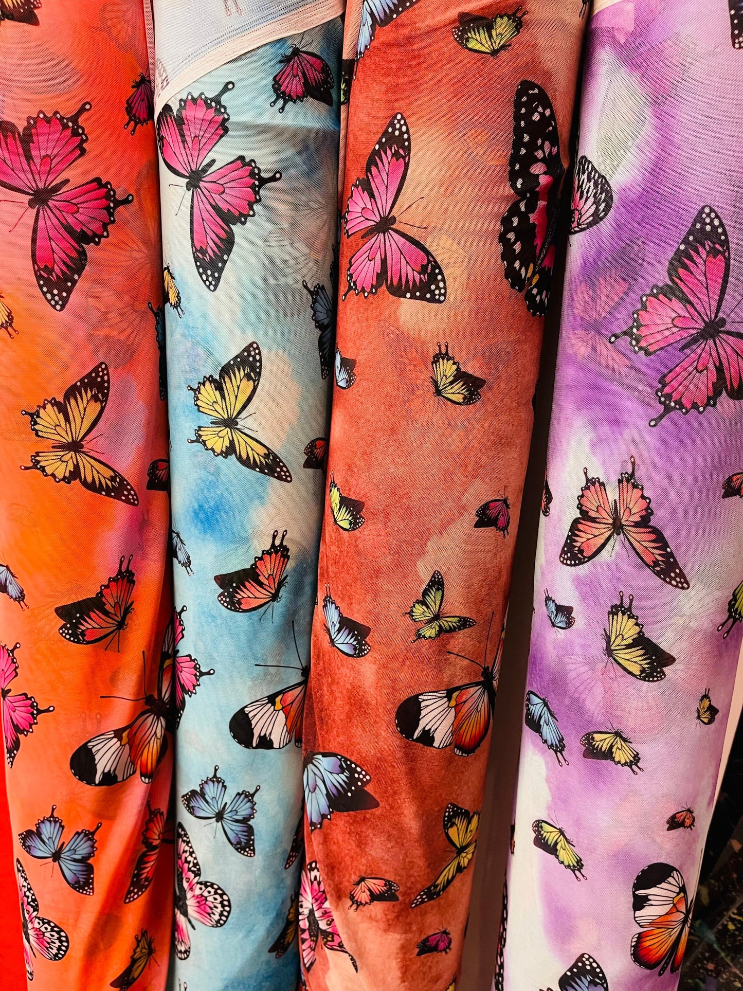 New Exotic Butterfly design print on best quality of nylon power mesh  4-way stretch 58/60” Sold by the YD. Ships Worldwide from Los Ángeles